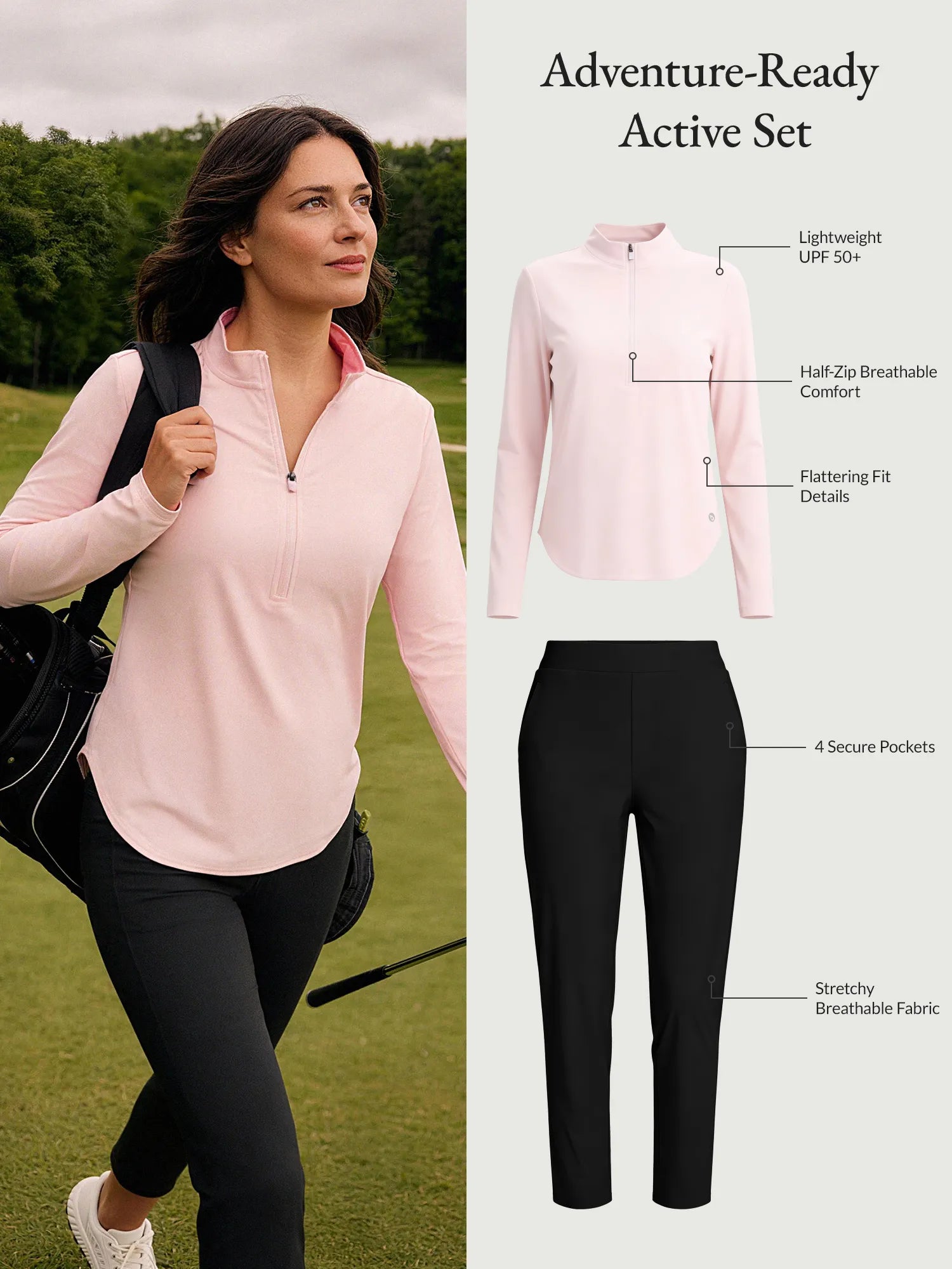 Adventure-Ready Active Set: Pink UPF 50+ zip top & black 4-pocket pants.