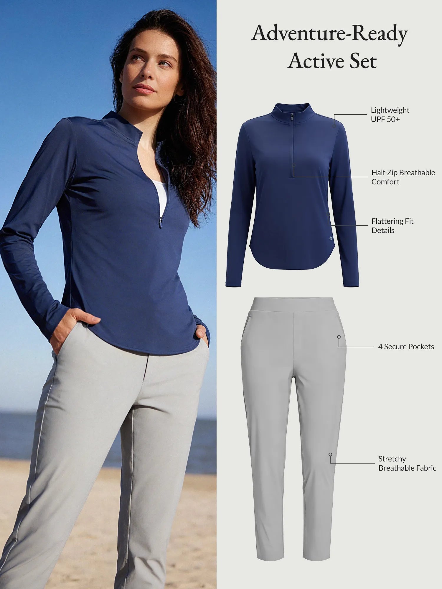 Adventure-Ready Active Set: navy UPF 50+ zip top, grey 4-pocket pants.