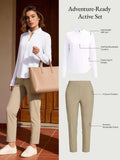 Women's Adventure-Ready Active Set: white UPF 50+ top & khaki pants with 4 pockets.