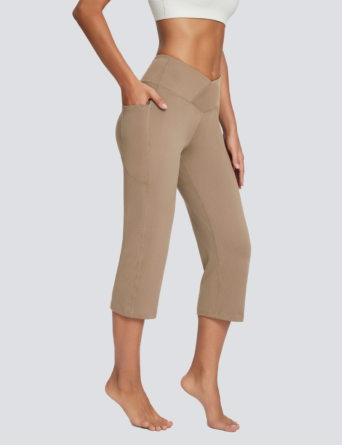 Baleaf Women's Skin-friendly Crossover High Rise Pants Cocoa Crème Side