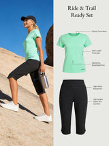 Women's Ride & Trail Ready Set: mint green quick-dry top, black capris for outdoors.