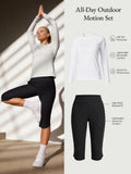 All-Day Outdoor Motion Set: Women's white UPF 50+ shirt, black hiking capris.