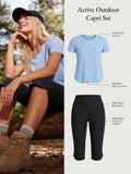 Women's Active Outdoor Capri Set: blue UPF tee, black capris for cycling & hiking.