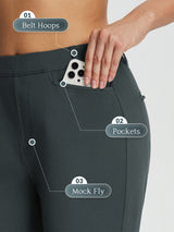 Dark gray golf fleece pants with belt loops, pockets, and mock fly detail. Phone shown in pocket. #Color_Dark Gray