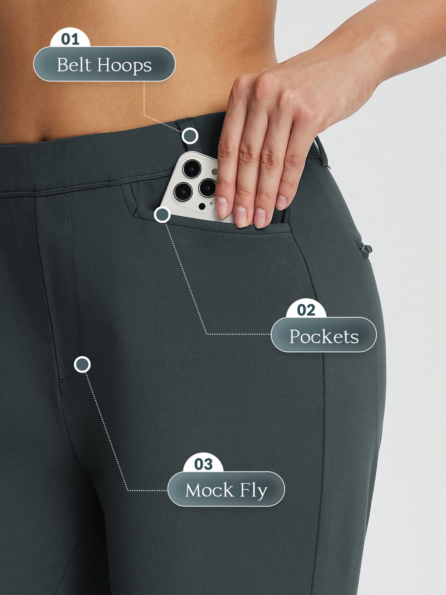 Dark gray golf fleece pants with belt loops, pockets, and mock fly detail. Phone shown in pocket. #Color_Dark Gray