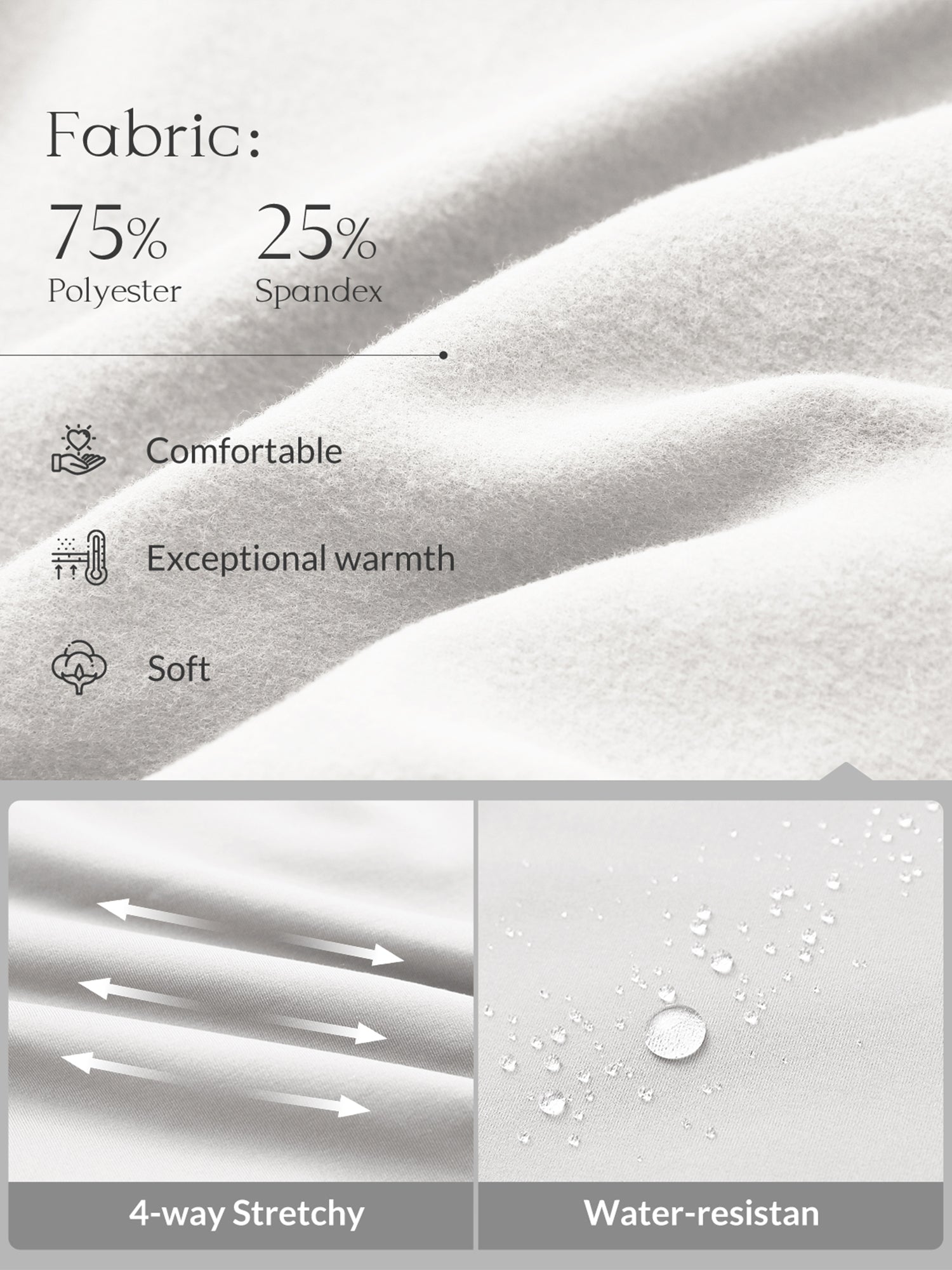 27" Golf Fleece Pants: 75% Polyester, 25% Spandex. Comfortable, warm, soft, 4-way stretchy, water-resistant fabric. #Color_Star White