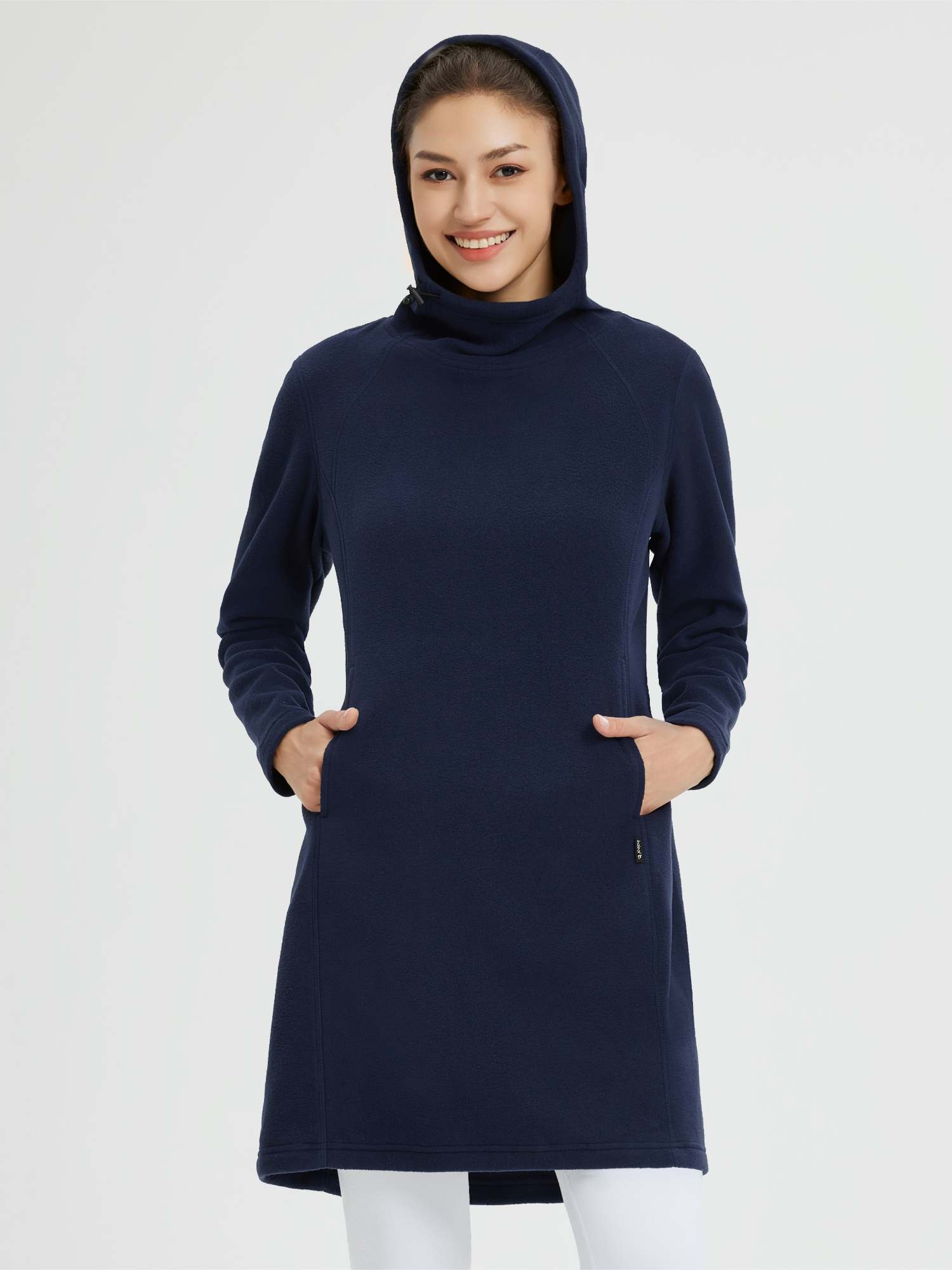 Navy blue hooded fleece dress with kangaroo pocket and adjustable drawstring. #color_Navy Blue