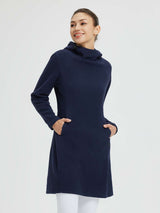 Navy blue women's outdoor knit hooded fleece dress with kangaroo pocket and adjustable drawstring. #color_Navy Blue