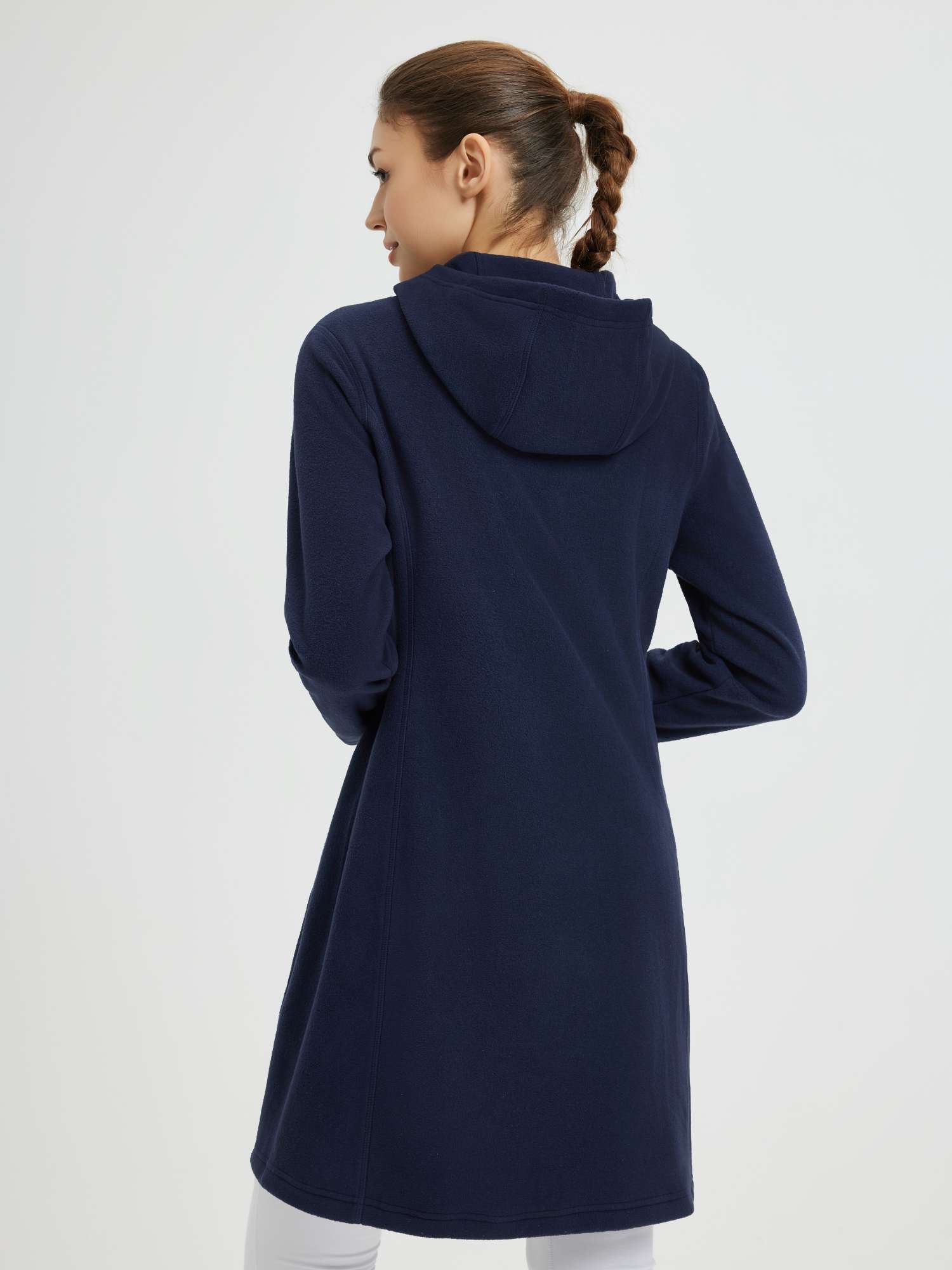 Navy blue women's outdoor knit hooded fleece dress with long sleeves and a mid-thigh length. #color_Navy Blue