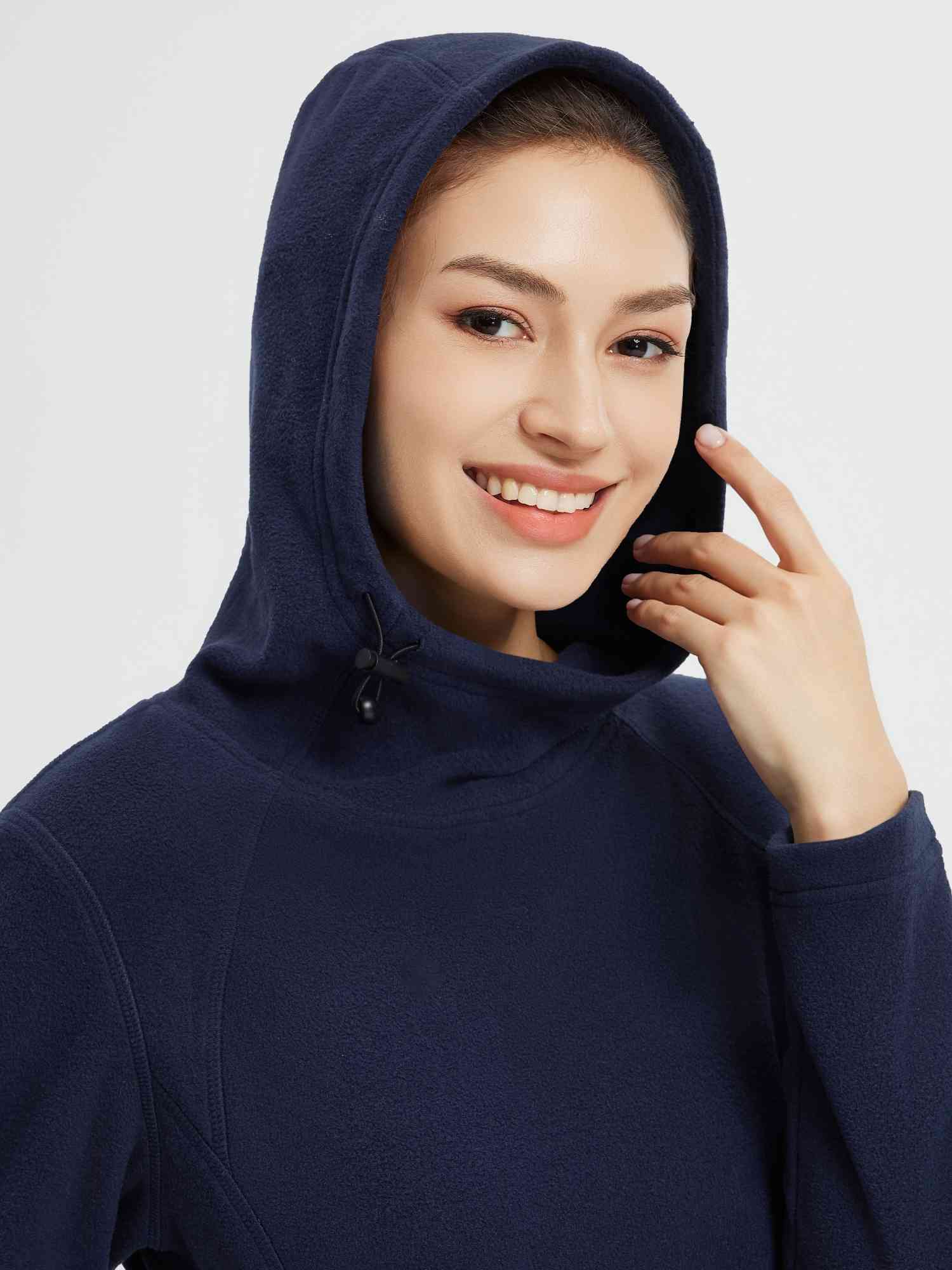 Navy blue hooded fleece dress for women with adjustable drawstring and kangaroo pocket. #color_Navy Blue