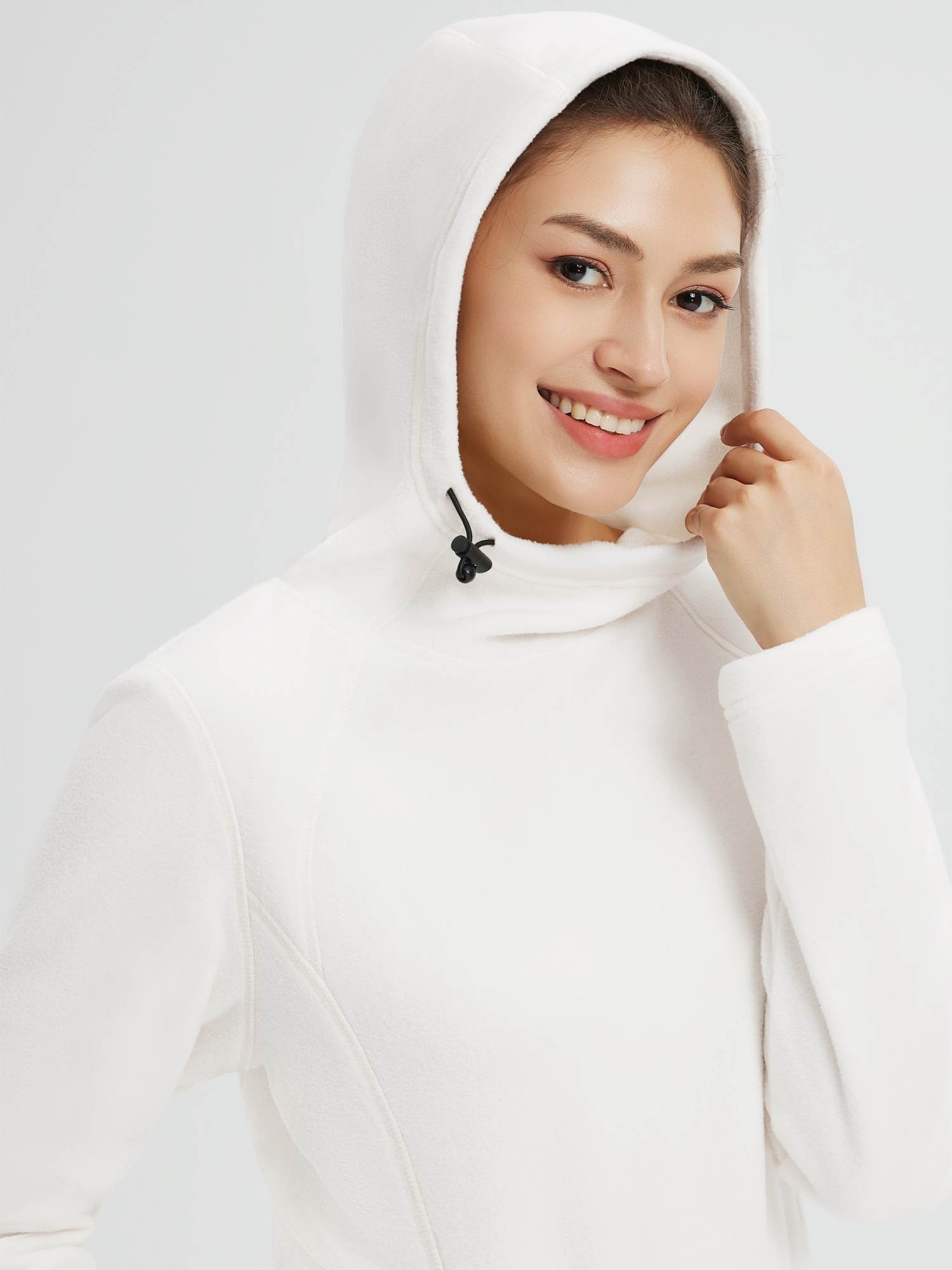 White hooded fleece dress with drawstring, kangaroo pocket. Women's outdoor knit style. #color_White