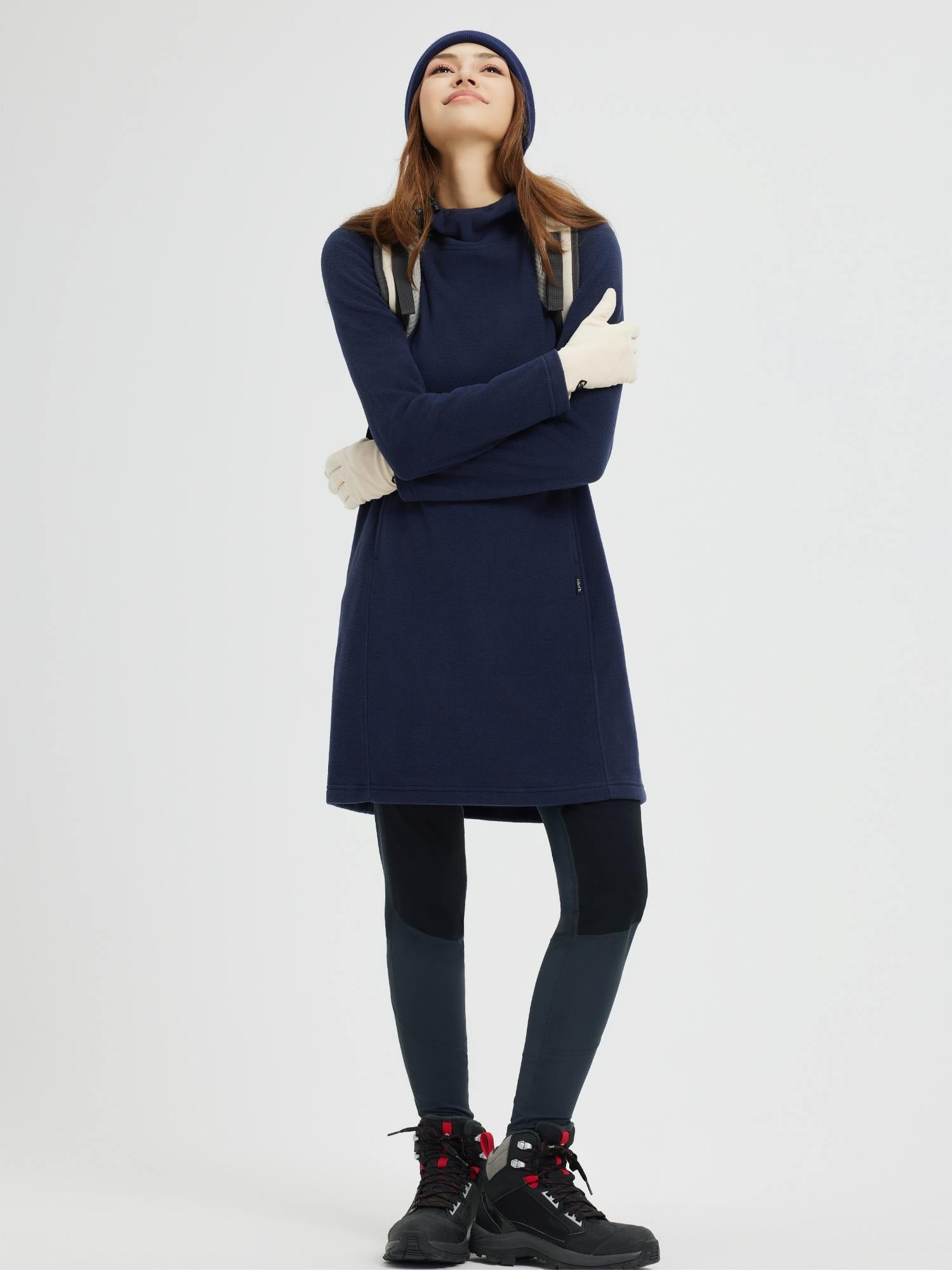 Navy blue hooded fleece dress with cream gloves and dark leggings, suitable for outdoor wear. #color_Navy Blue