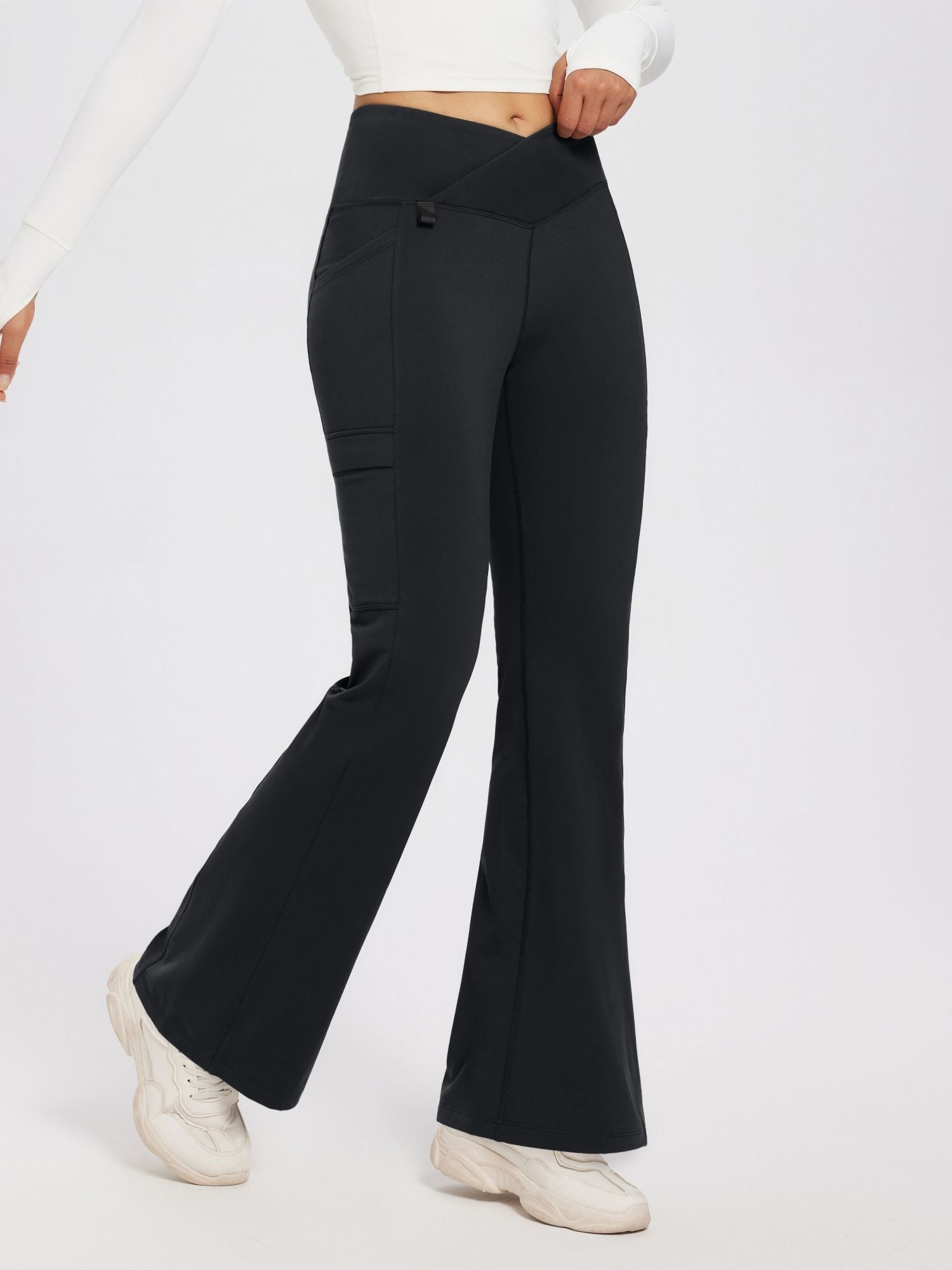 Women's Fleece Flare Pants | Cross-Waistband 27in - Baleaf Army Green / 2XL Women's Fleece Flare Pants | Cross-Waistband 27in - Baleaf Army Green / 2XL