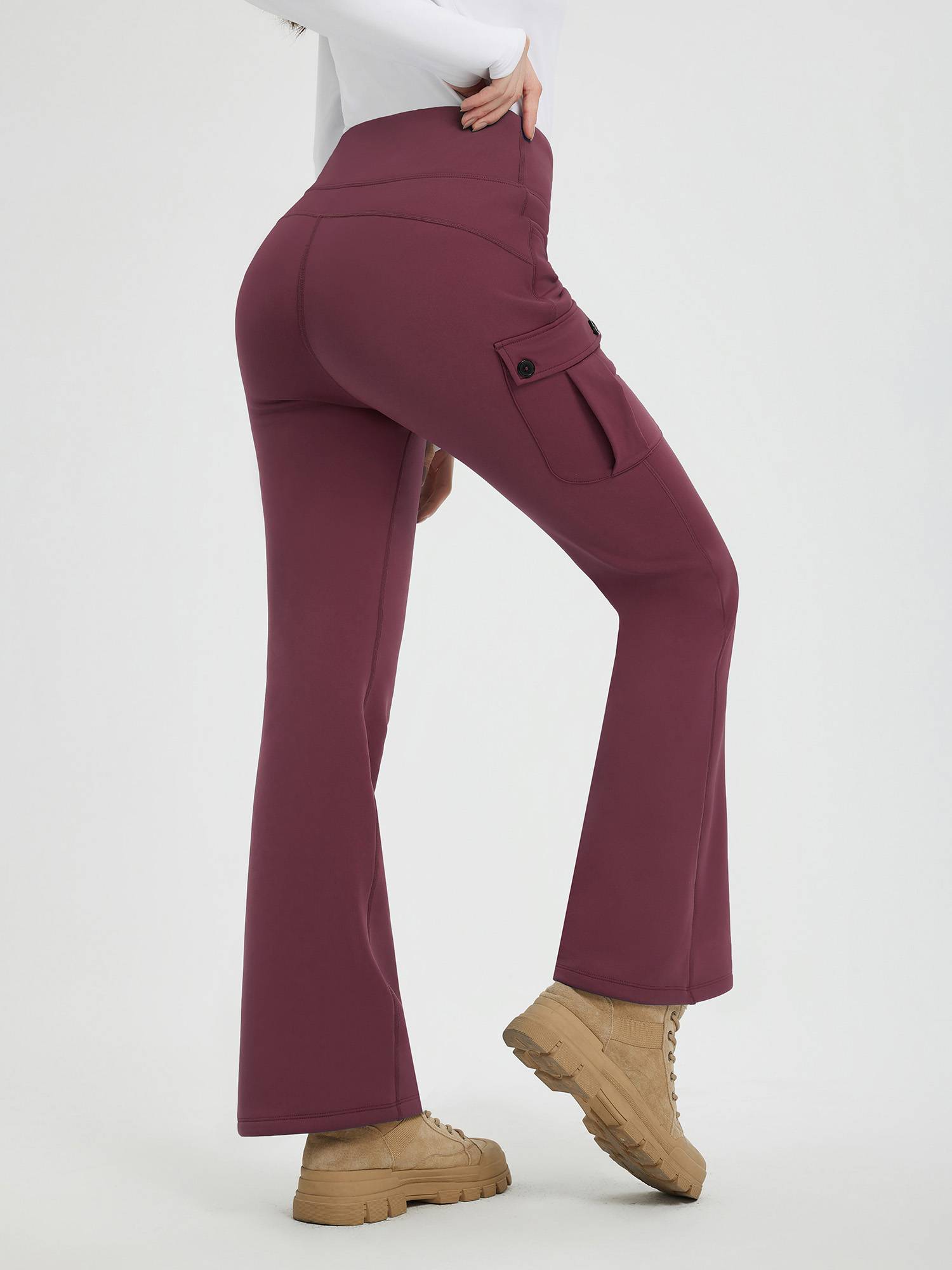 Women's burgundy flared fleece-lined workwear pants with cargo pocket and drawstring waist. #color_Wine Red