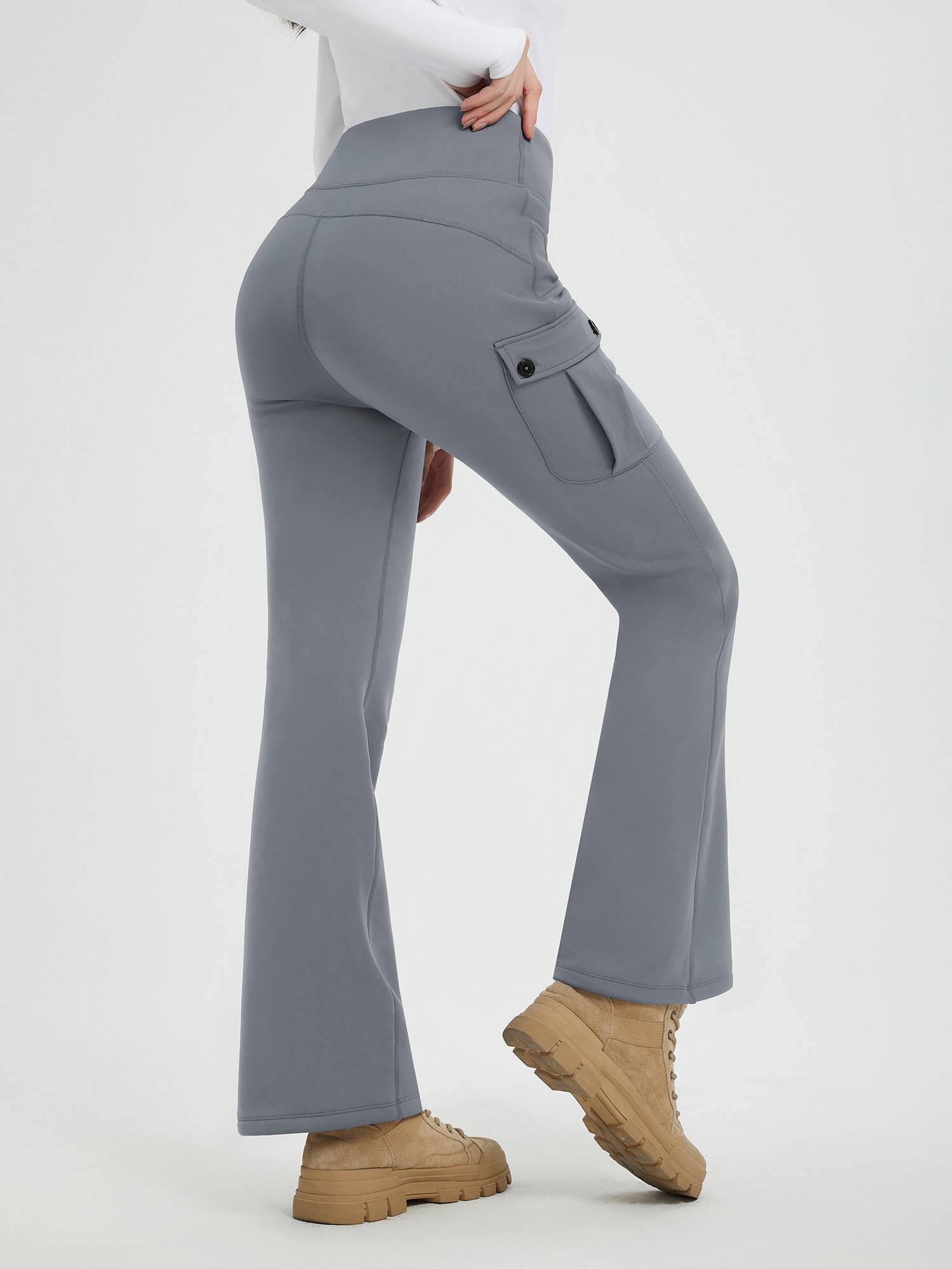Women's grey thick fleece workwear flared pants with cargo pockets and adjustable drawstring. #color_Dark Gray