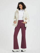 Burgundy fleece flared workwear pants with cargo pockets, white top, cream jacket, white sneakers. #color_Wine Red