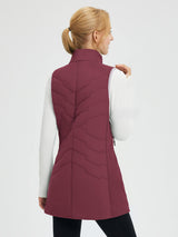 Back view: wine red women's mid-length woven hiking vest, quilted chevron pattern, over white shirt. #color_Wine Red