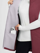 Woman's wine red outdoor hiking vest with a smartphone in an inner pocket. #color_Wine Red
