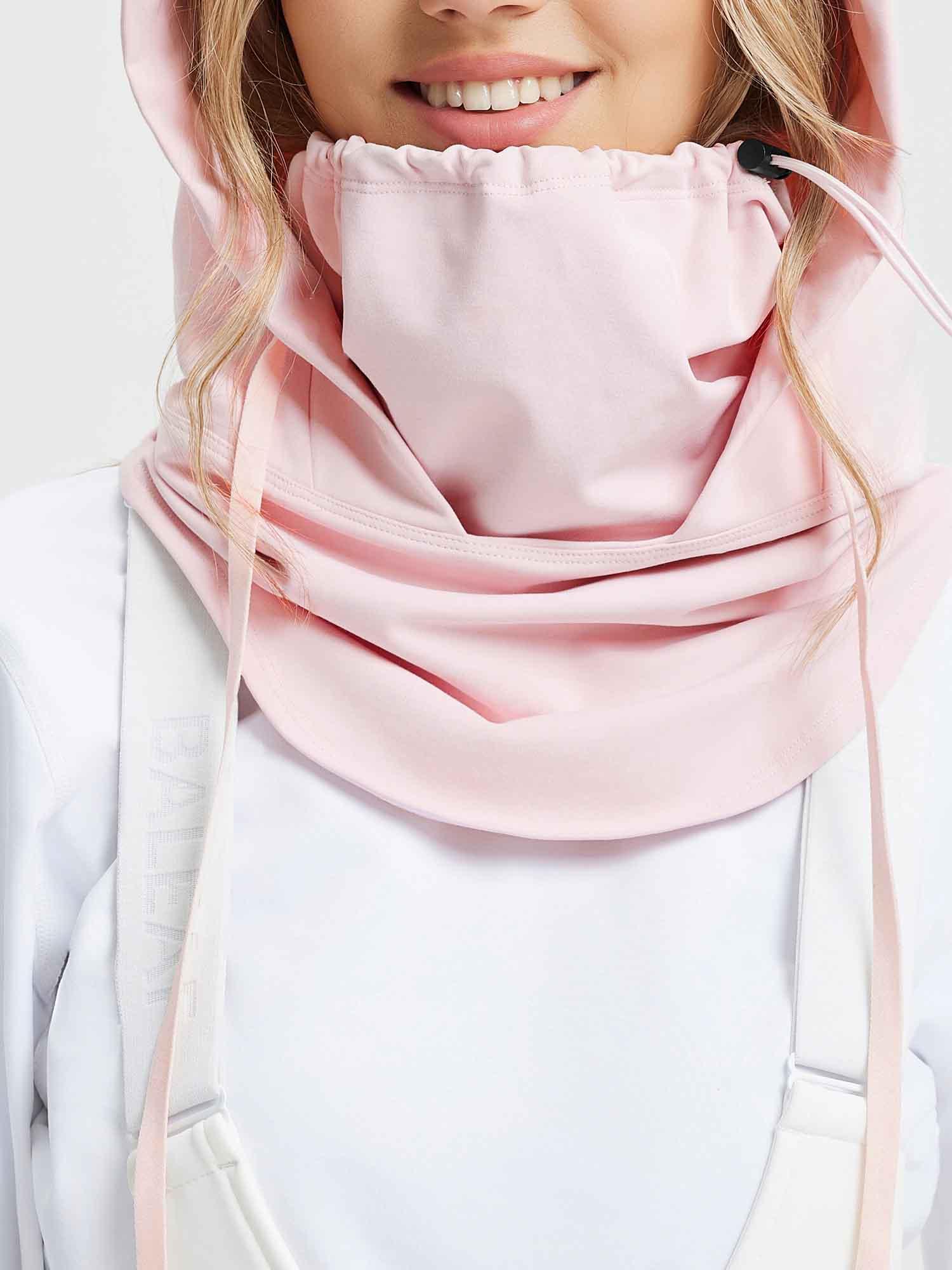 Light pink fleece-lined hooded ski hat with adjustable neck gaiter. Perfect for winter sports.