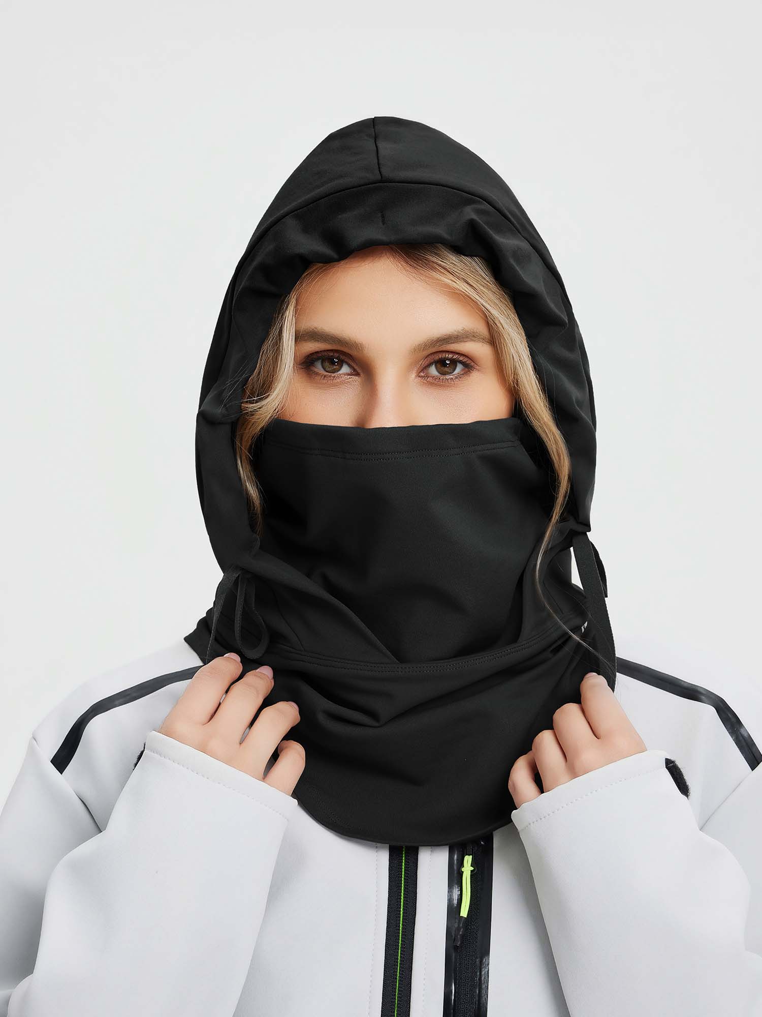 Unisex black waterproof fleece ski hat with face covering, perfect for outdoor winter activities and skiing. #color_Black