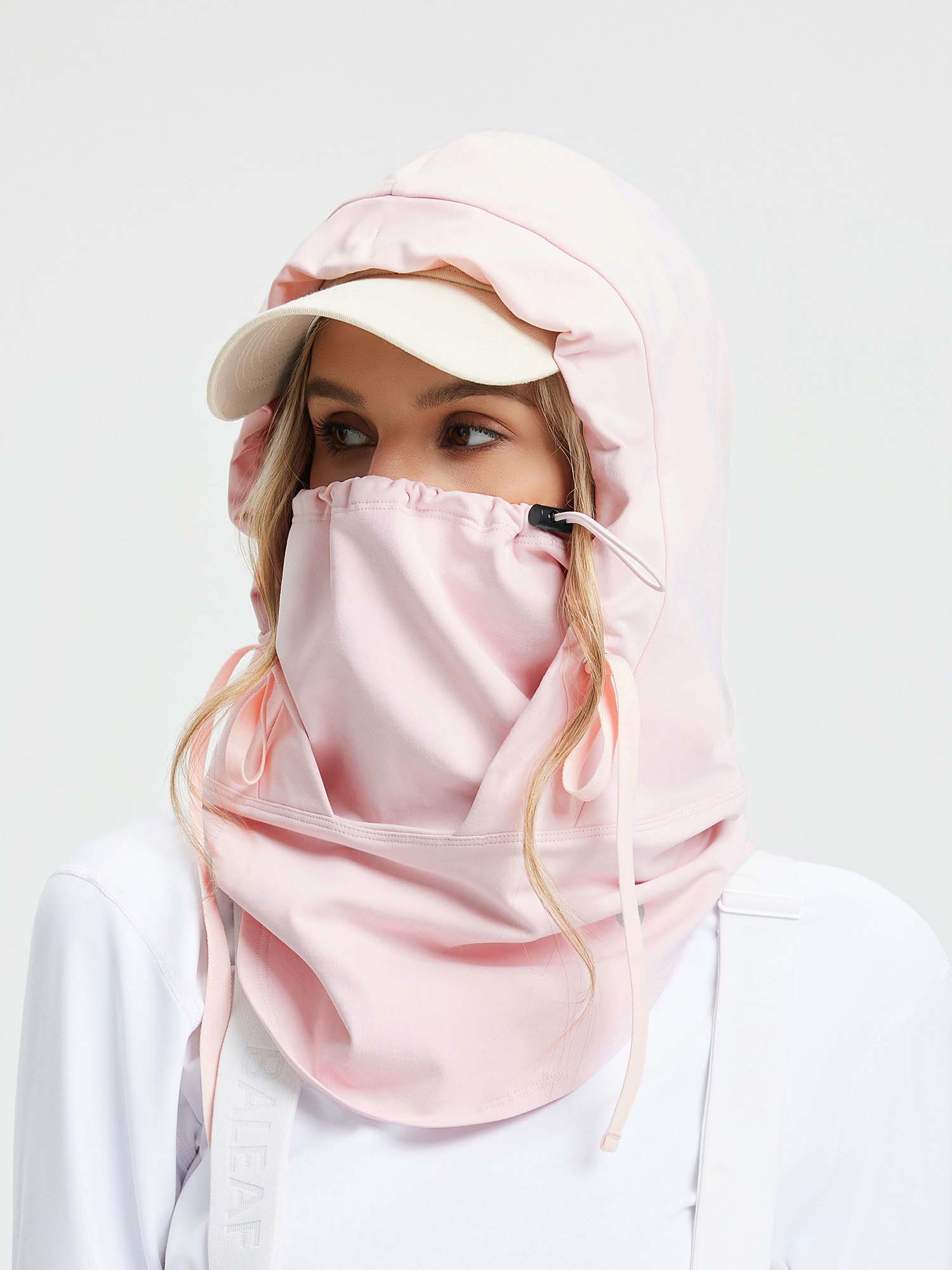 Pink fleece-lined ski hat with integrated face mask and adjustable drawstring for outdoor winter sports. #color_Light Pink