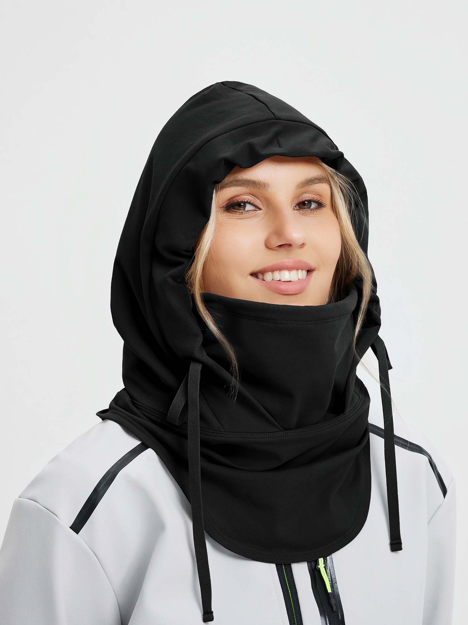 Unisex black fleece ski hat with integrated neck gaiter, perfect for skiing and outdoor activities. #color_Black