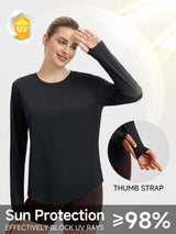 Women's black long sleeve running shirt with UPF 50+ sun protection and thumb strap detail. #color_Black
