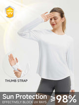White women's long sleeve running shirt with UPF 50+ sun protection and thumb straps. #color_White