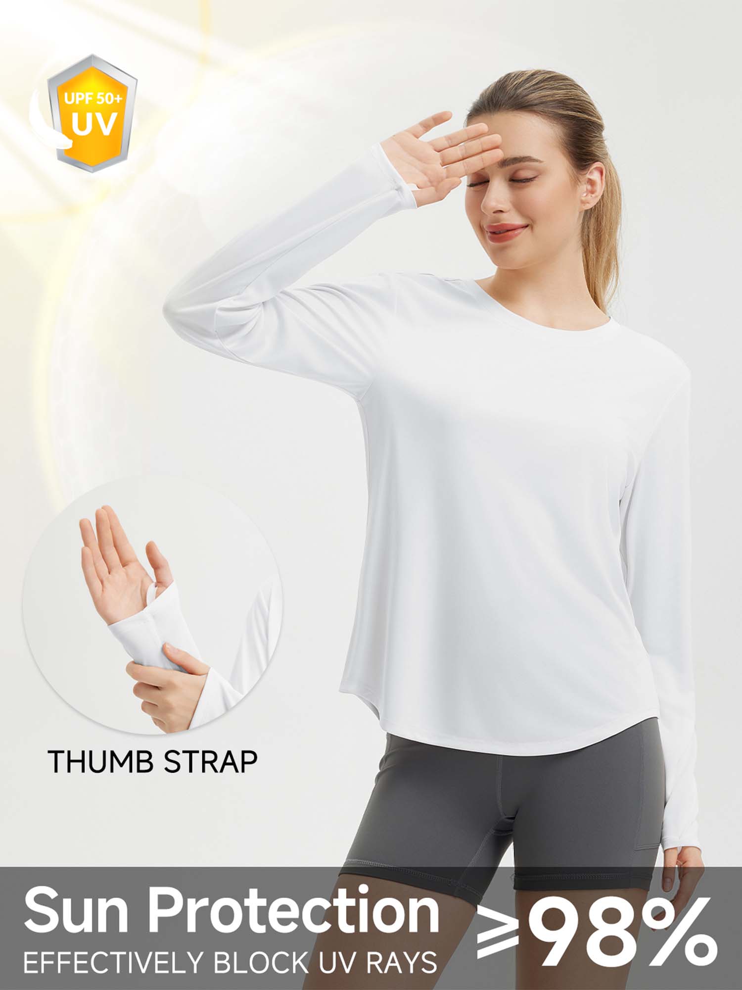 White women's long sleeve running shirt with UPF 50+ sun protection and thumb straps. #color_White