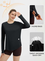 Black women's long sleeve running shirt with thumbholes and sweat-wicking fabric for UV protection. #color_Black