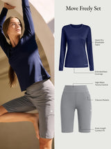 Move-Freely Set: navy UPF 50+ quick-dry shirt & grey high-waist shorts with tummy control, 3 pockets.