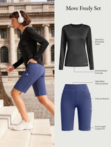 Move-Freely Set: Women's black quick-dry long-sleeve top & navy high-rise shorts.