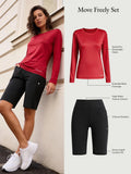 Move-Freely Set: Red quick-dry long-sleeve shirt, black high-rise shorts with pockets.