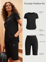 Black Everyday Outdoor Set with women's short sleeve tee and high-waist knee-length shorts.