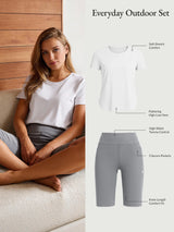 Everyday Outdoor Set: white UPF tee, grey high-waist shorts with tummy control & 3 pockets.