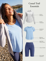 Casual Trail Essentials set with UPF 50+ jacket, blue tee, and navy high-rise shorts.