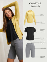 Woman in Casual Trail Essentials set: yellow UPF 50+ jacket, black tee, grey shorts.