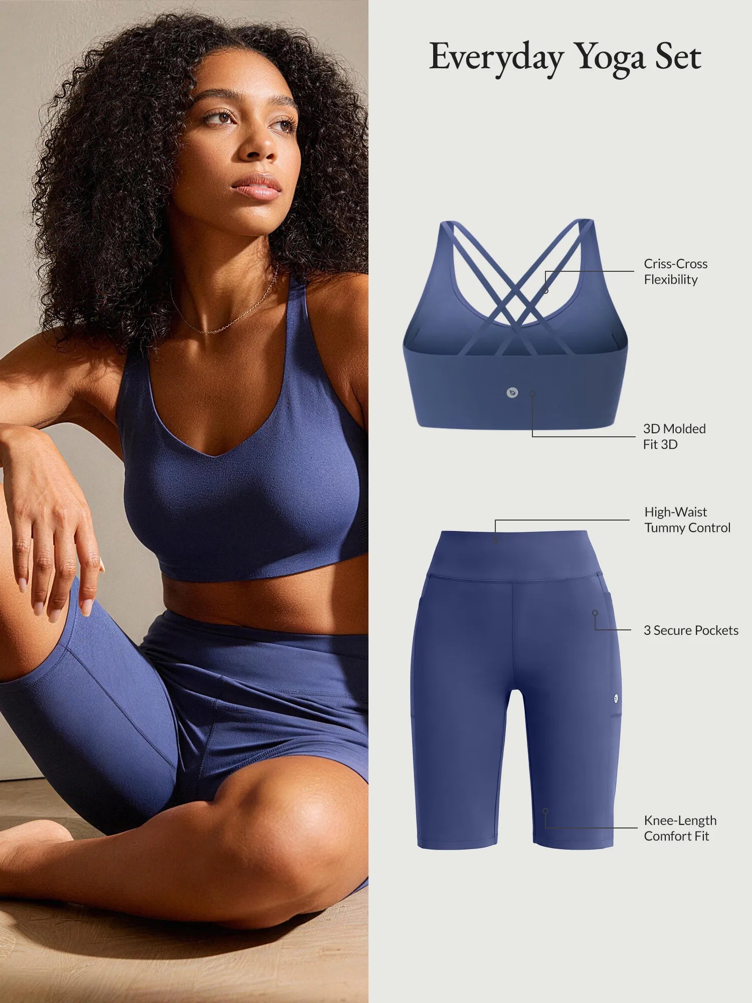 Women's blue yoga set: high-waist shorts with tummy control & criss-cross strap bra