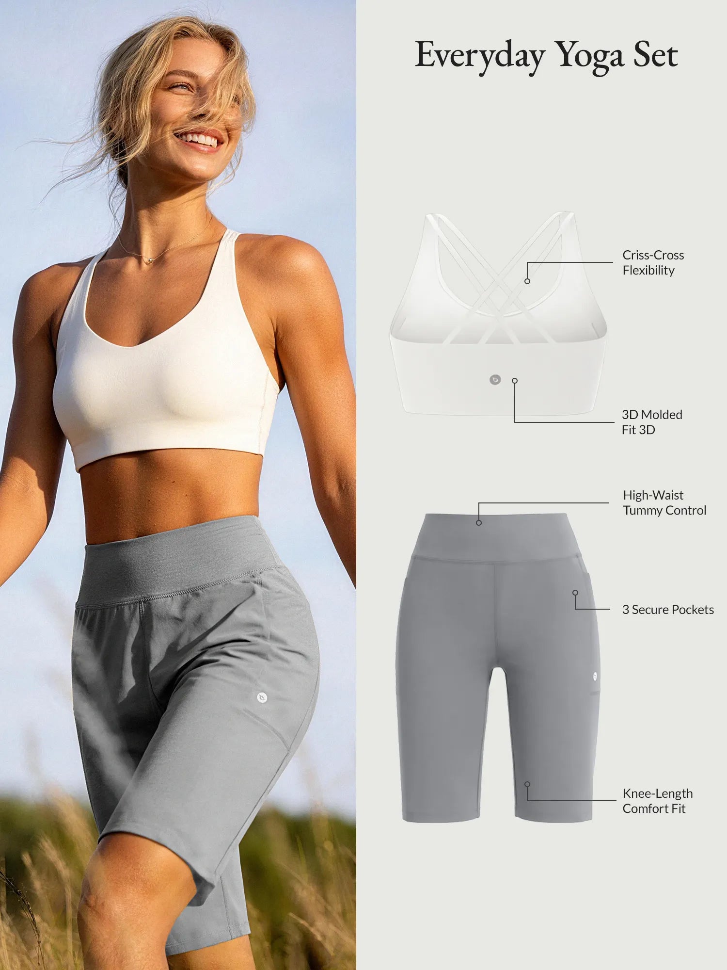 Everyday Yoga Set: gray high-waist knee-length shorts with pockets & white criss-cross bra