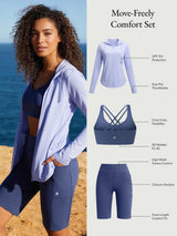 Move-Freely Comfort Set with UPF jacket, sports bra, and shorts for hiking and travel.