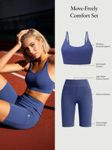 Blue Move-Freely set: Y-back bra w/ sculpted support, high-rise shorts w/ 3 pockets.