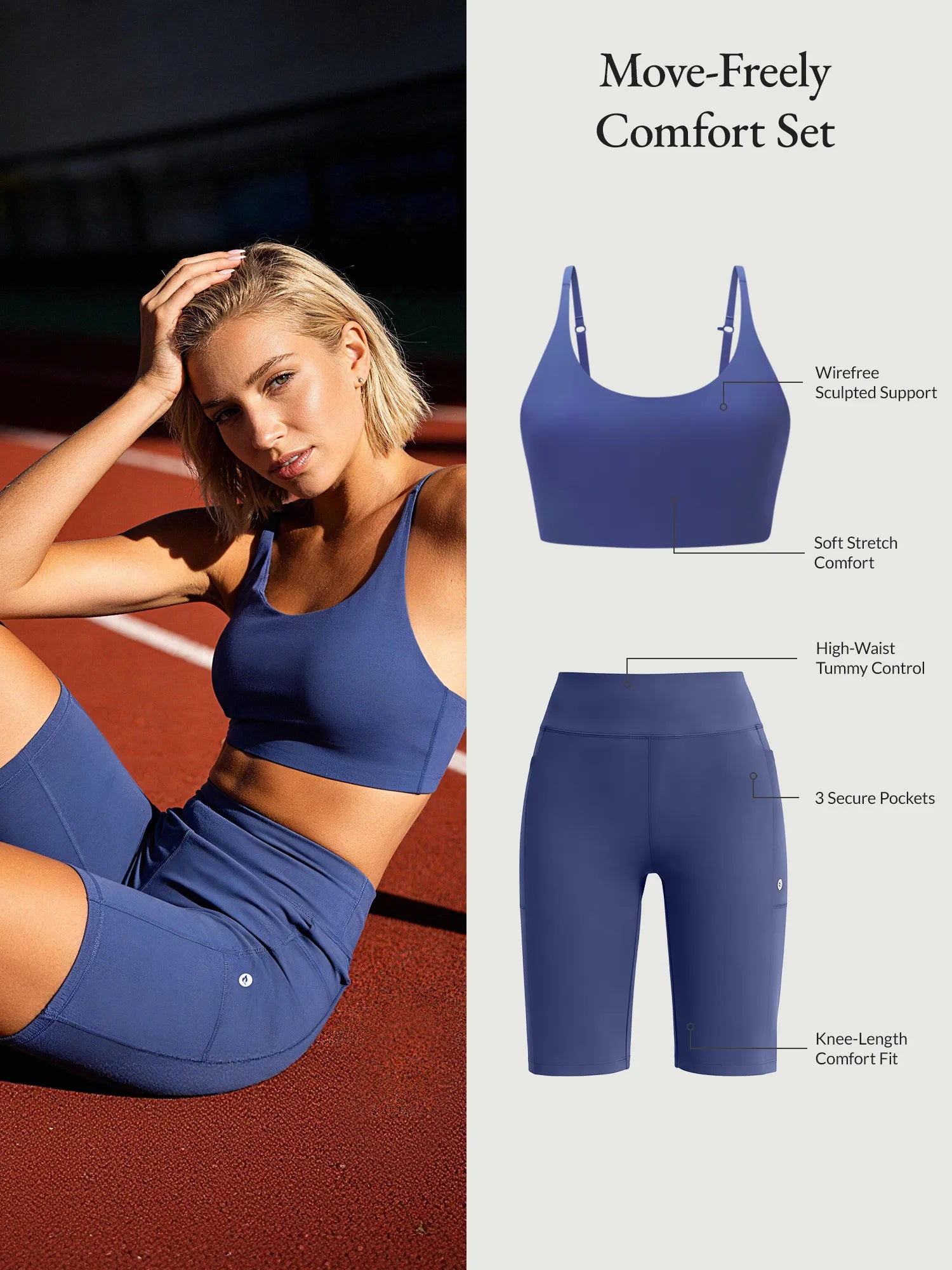 Blue Move-Freely set: Y-back bra w/ sculpted support, high-rise shorts w/ 3 pockets.