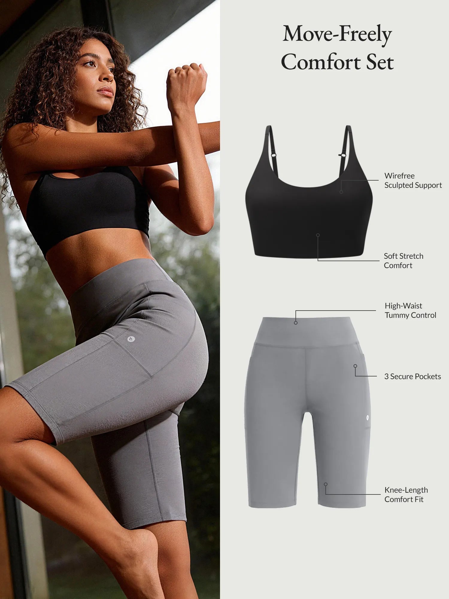 Move-Freely Comfort Set: Black wirefree bra and grey high-waist shorts with pockets.