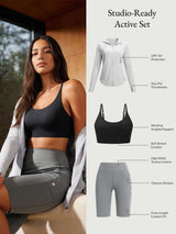 Studio-Ready Active Set: Black bra, grey high-rise shorts, UPF 50+ sun jacket.