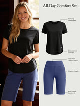 All-Day Comfort Set: Black crew tee with pleated back & blue high-waist shorts with pockets.