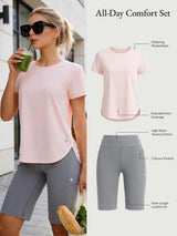 Women's All-Day Comfort Set: Pink UPF tee and grey high-waist shorts with tummy control and pockets.