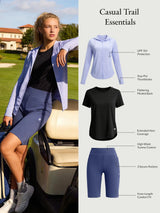 Casual Trail Essentials set with UPF jacket, tee, and high-waist shorts with pockets.