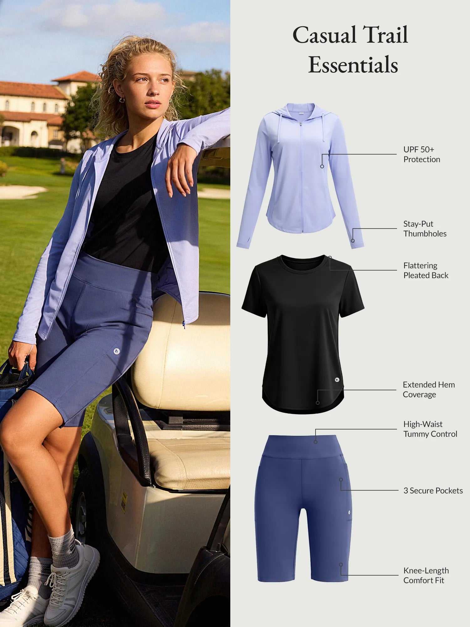 Casual Trail Essentials set with UPF jacket, tee, and high-waist shorts with pockets.