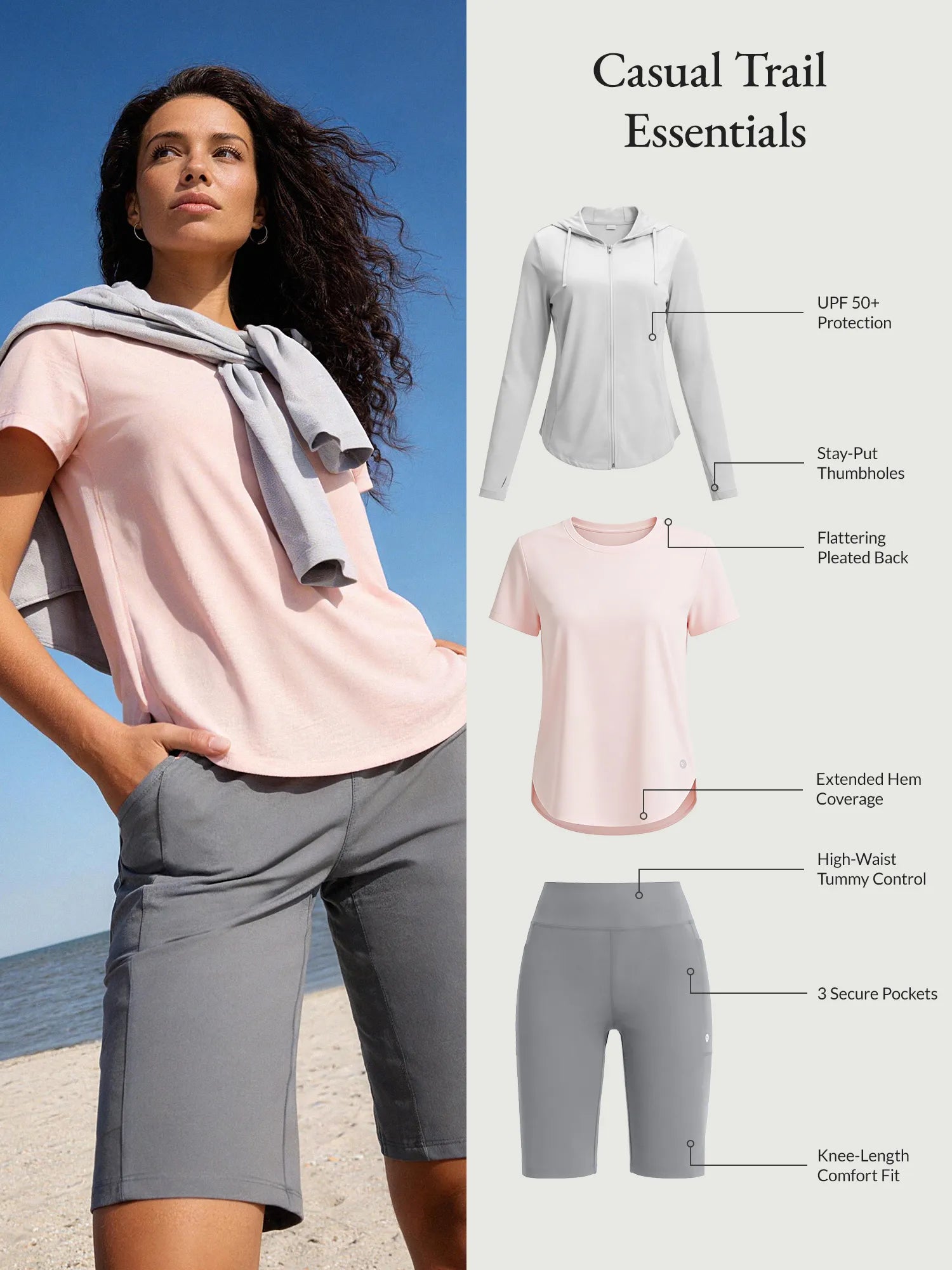 Casual Trail Essentials set: UPF 50+ jacket, pink tee, grey high-waist shorts with pockets.