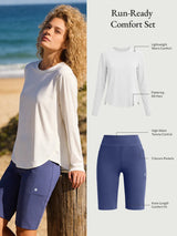 Run-Ready Comfort Set: White long-sleeve top, blue high-rise running shorts with pockets.